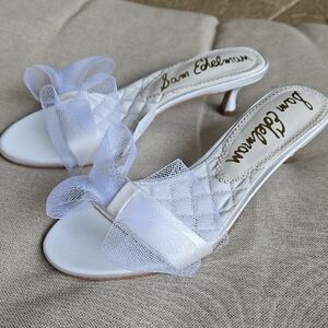 SAM EDELMAN Corrie Kitten-heel Dress Sandals Tulle Bow Bright White- 7.5 Bridal